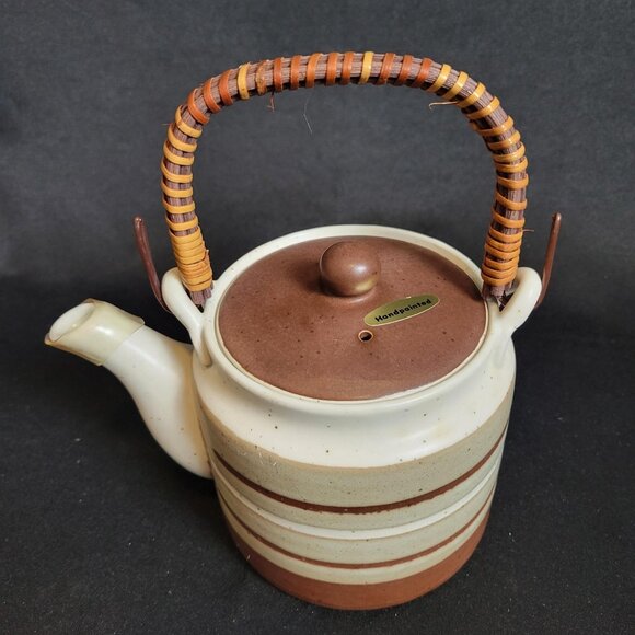 Otagiri Teapot Stoneware 4 cup Hand Crafted Japan Brown with Rattan Handle - Picture 3 of 8